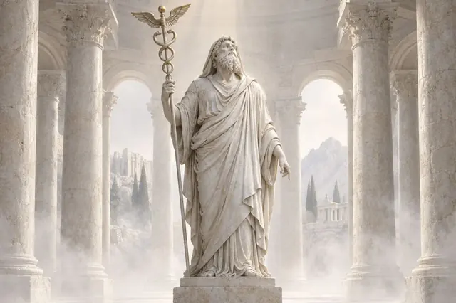Estátua de Hermes em um templo de colunas