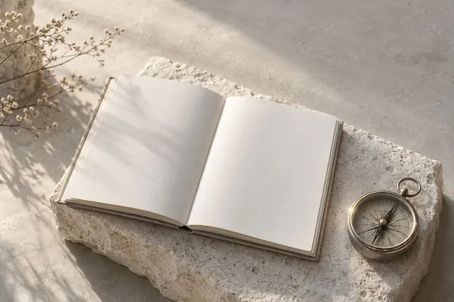 Caderno aberto e bússola sobre uma pedra