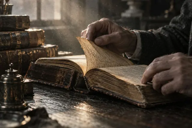 Mãos folheando um livro antigo