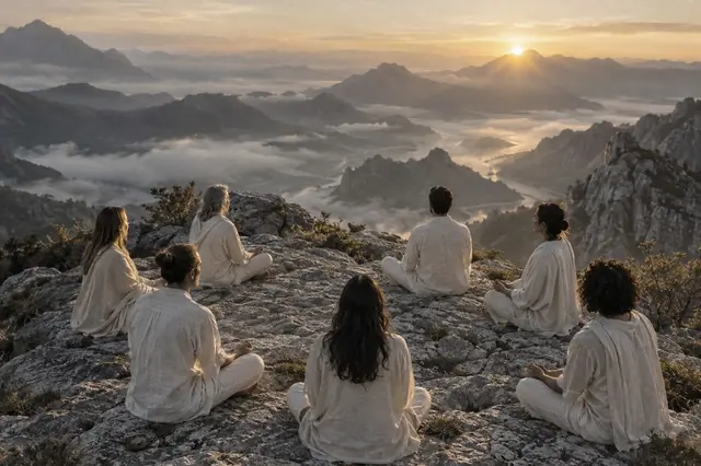 Grupo meditando no alto de uma montanha ao nascer do sol
